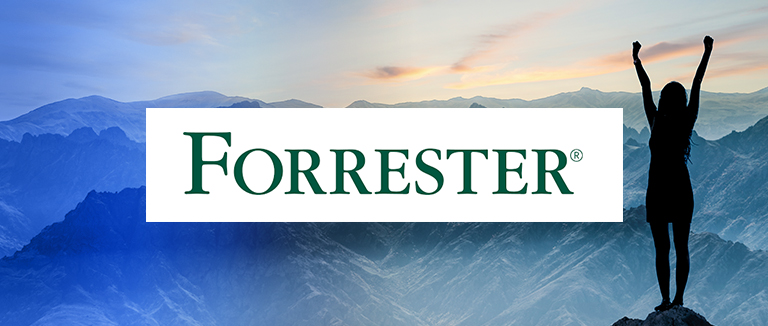forreter logo overlaid silhouette of business woman celebrating on top of a mountain
